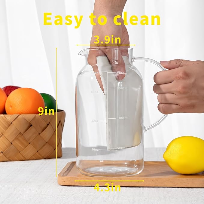 Glass Pitcher with Lid, 1.8Liter 62 oz Glass Carafe for Hot/Cold Water, Tea Pitcher with Scale, Suitable for Coffee, Juice and Homemade Drinks