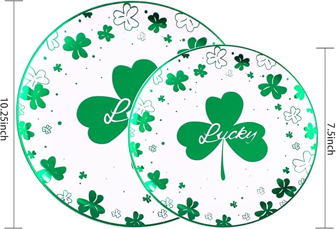 Rubtlamp 60Pcs Plastic Green Plates,St Patricks Day Plates with Green Trefoil and Lucky Alphabet, Green Disposable Plates include 30 Plastic White Dinner Plates and 30 Salad Plates for Spring