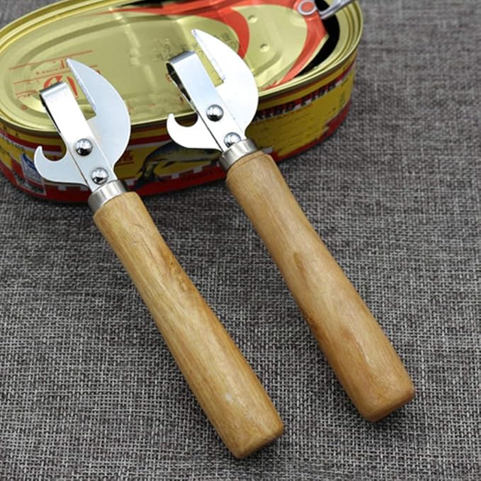 2PCS Manual Can Opener, Stainless Steel Bottle Opener Manual with Wooden Handle, Easy Open Multifunctional Side Cut Traditional Stab Can & Tin Opener for Kitchen Camping Traveling