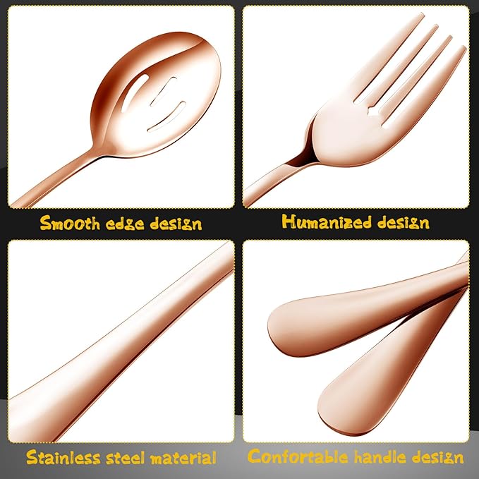 Thenshop 30 Pcs Stainless Steel Serving Utensils Set Flatware Set Include Large Serving Spoons Slotted Spoons Forks Soup Ladle Pie Server and Tongs for Buffet Party(Rose Gold)
