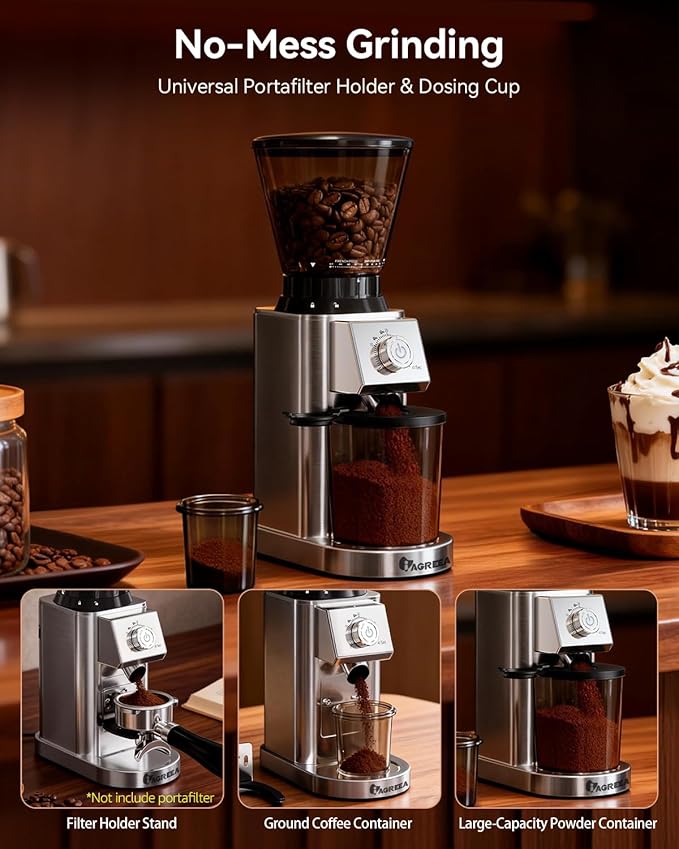 IAGREEA Conical Burr Coffee Grinder for Espresso, 48 Adjustable Precise Timed Grind Settings Electric Coffee Bean Grinder, Anti-Static Stainless Steel One Touch Grinder with Portafilter Holder
