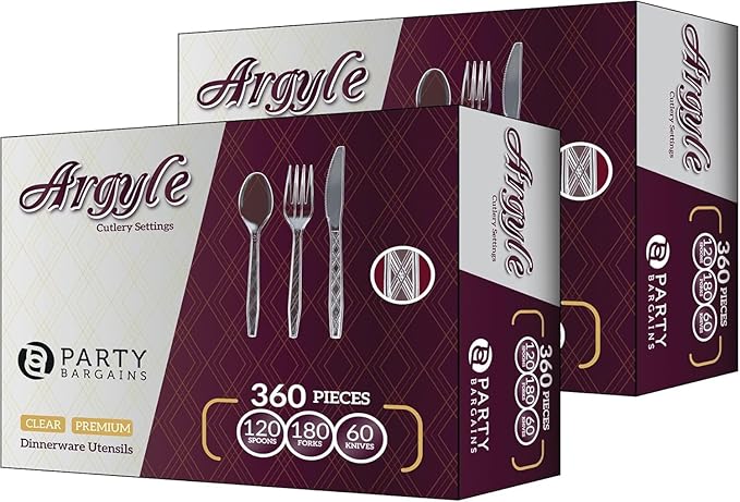 PARTY BARGAINS Argyle Settings Clear Plastic Cutlery Set 720‑Piece – 360 Forks, 240 Spoons, 120 Knives – Heavy‑Duty Disposable Utensils for Parties, Weddings, Buffets, BBQs & Catering – BPA Free