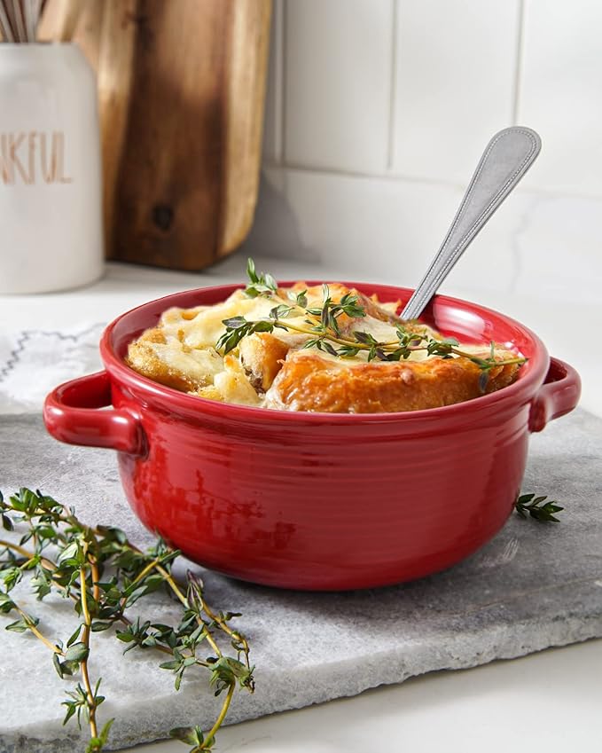 LE TAUCI Soup Bowls with Handles - 22 oz Lead-Free Ceramic French Onion Crocks, Oven and Microwave Safe, Heat-Resistant Design, Stackable, Dishwasher Safe, Set of 4, Red