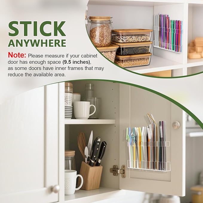 9.5" Large Acrylic Straw Holder for Cabinet Door - Reusable Tumbler Straw Organizer Storage, Small Kitchen Accessories Container, Ultra Sticky Cupboard Door Mounted (Transparent)