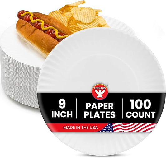 Hygloss Bulk Paper Plates 9-Inch - Uncoated Large Plain White Disposable Plates for Party, Dinner, Foodware, Events, Crafts & More - Environmentally Friendly - Recyclable & Microwave Safe (100 Count)