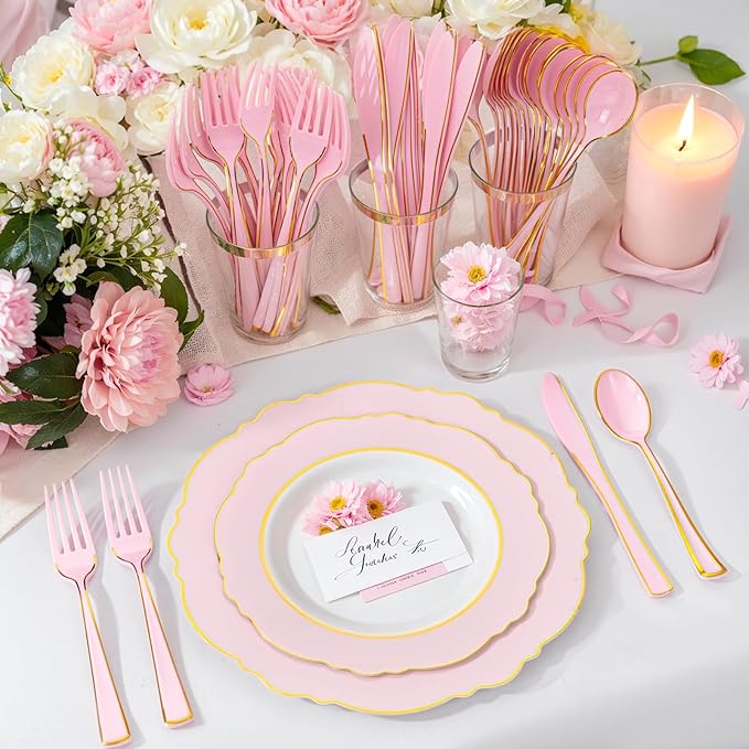 WDF 180 Pieces Pink Plastic Silverware with Gold -Pink Plastic Utensils Set - 60 Guest Cutlery Disposable for Birthday Party Baby Shower Wedding Spring