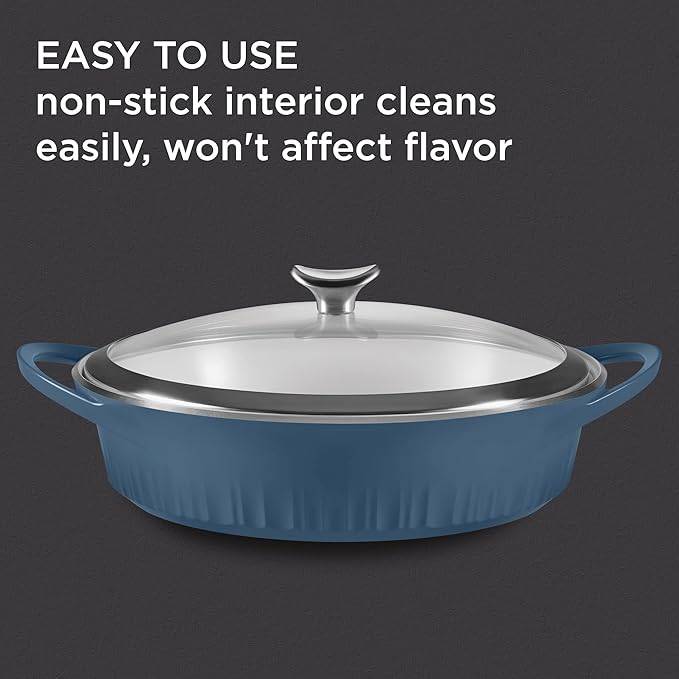 CorningWare QuickHeat 4-QT Cast Aluminum Braiser With Lid, Nonstick Ceramic Interior, Lightweight and Fast Even Heat Baking & Cooking, For Meats, Soup, Browning, Searing, French Navy