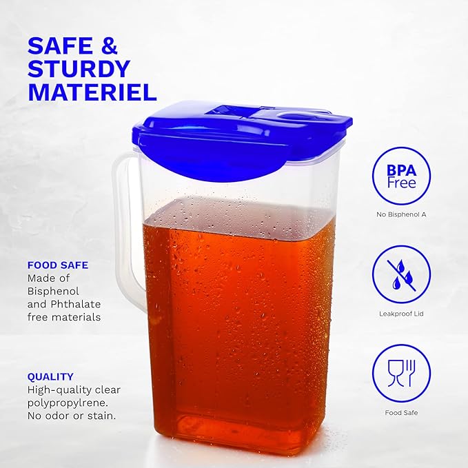 Blue BPA Free Plastic Pitcher Set of 2 - 50 Oz. Jug with Lid for Fridge, Iced Tea, Lemonade, Water