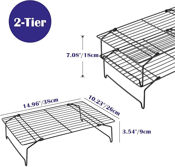 Leonyo Cooling Rack, 2 Tier Stainless Steel Stackable Baking Cooking Racks for Cooling Roasting Grilling, Collapsible & Heavy Duty, Oven Safe & Easy Clean, 15" x 10", Black