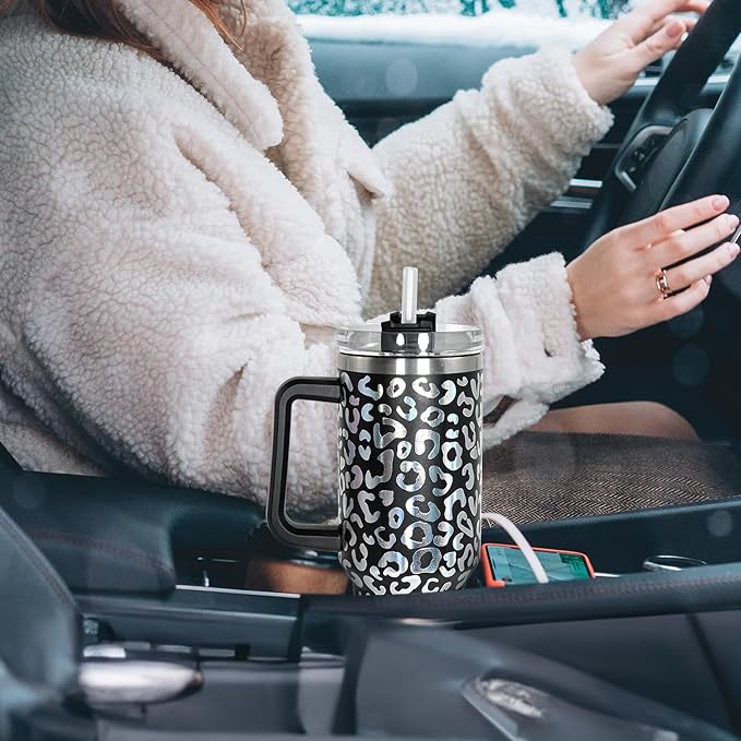 40 oz Tumbler with Handle and Straw, 100% Leak-Proof Travel Mug, Stainless Steel Double Wall Vacuum Insulated Coffee Cup Keeps Cold For 34 Hours, Dishwasher Safe, Black Leopard