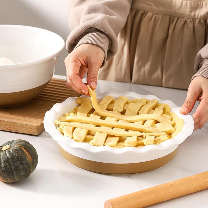 HASENSE Ceramic Pie Pan, 9 Inch Quiche Pie Dish for Baking, Apple Pie, Tart, and Cake, Farmhouse White Round Baking Dish, Microwave & Oven Safe, Ideal Gift for Kitchen