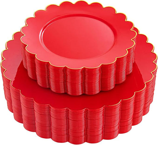 LIYH 60 Pcs Red Plastic Plates Disposable with Gold Edge Scalloped Red Disposable Plates Includes 30 Dessert & 30 Dinner Plate Dishes Tableware for Party Birthday Mother's Day