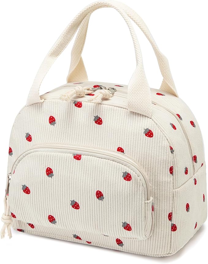 Lunch Bag Women Lunch Box for Women Adult Cute Insulated Lunch Bag Small Cooler Lunch Tote Bags for Work Picnic Travel (Beige-Strawberry)