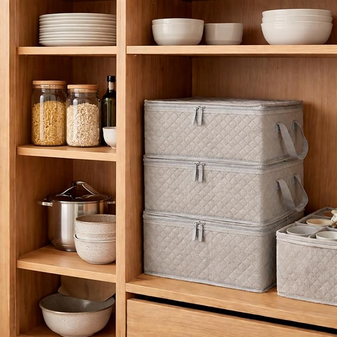 Coffee Mug Storage Bin - Mug Storage Box for Coffee Cups & Mugs (Holds 12 Cups) - Stackable Mug Storage Organizer with Dividers for Kitchen Cabinets & Countertops (Grey & Beige) by Govilla