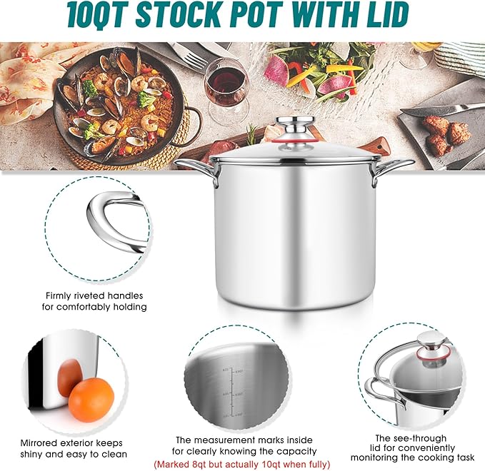 TeamFar 10 Quart Stock Pot, Stainless Steel Tri-ply Large Stockpot Pasta Soup Cooking Pot with Glass Lid, for Induction Gas Ceramic Electric, Nontoxic & Heavy Duty, Ergonomic Handles & Dishwasher Safe