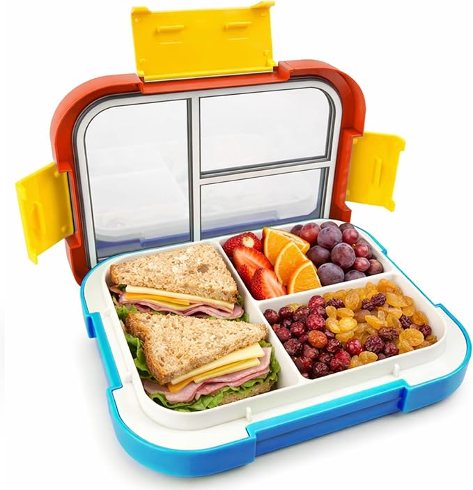 EASYFUN Bento Box Adult, Lunch Box, 4-Compartment Lunch Containers, Drop-Proof, Dishwasher Safe & Made with BPA-Free Materials (Red blue)
