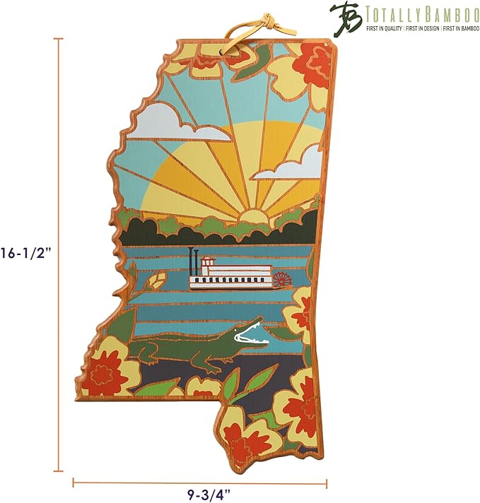 Totally Bamboo Mississippi State Shaped Cutting Board and Charcuterie Serving Platter with Artwork by Summer Stokes, Includes Hang Tie for Wall Display