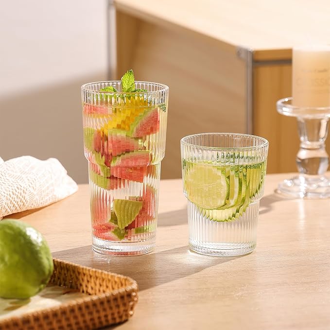 Ribbed Drinking Glasses with Lids & Straws, Leak-Proof 20oz and 15oz Glass Cups, 4PCS Glass Tumblers, Ideal for Home, Office, Outdoor Use