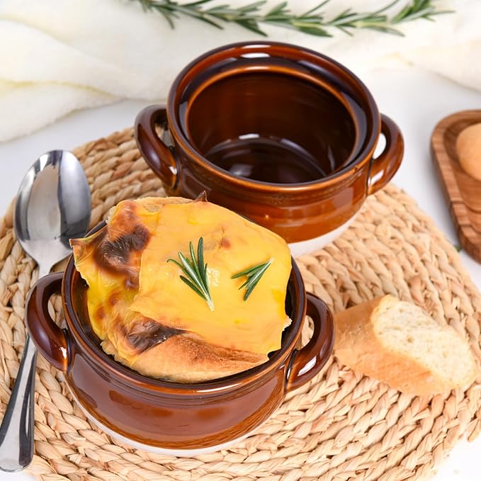 French Onion Soup Bowls with Handles, 28 oz Ceramic Soup Crocks Oven Proof Soup Bowls for Chilli, Cereal, Pot Pies - French Onion Soup Crocks, Oven, Broil & Dishwasher Safe, Set of 4