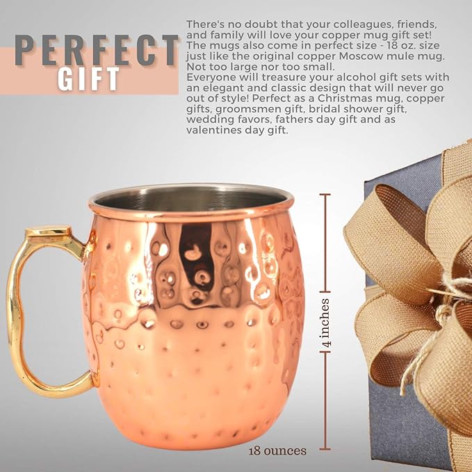 Copper Moscow Mule Mug Gift Set – 4 Tarnish-Resistant 19 oz Mugs with Stainless Steel Interior, 4 Straws & Jigger – Ideal for Cocktails, Bars & Gifts