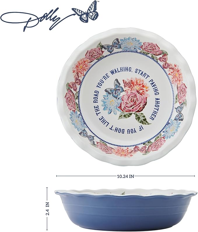Dolly Parton Pie Dish Durable Stoneware, Even Heat Distribution, Perfect for Sweet and Savory Baking, 10.08 x 10.24 x 2.4 Inch