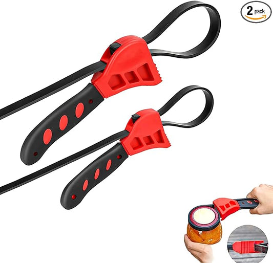 2-Pack Adjustable Rubber Strap Wrench Set – 25.20" & 20.48" Heavy-Duty Strap Wrench for Oil Filter, Jar Opener, Water Filter, Plumbing, Sink, Faucet – Non-Slip Multipurpose Wrench Tool (Red)