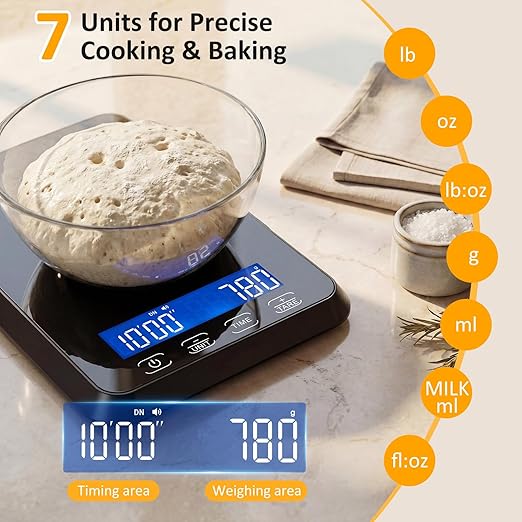 Food Scale with Timer, Max 33 lb / 0.1 oz Accuracy Kitchen Scale for Sourdough Bread, Built-in 7 Units, Timing & Tare Function, Rechargeable Digital Kitchen Scale for Food, Baking, Cooking