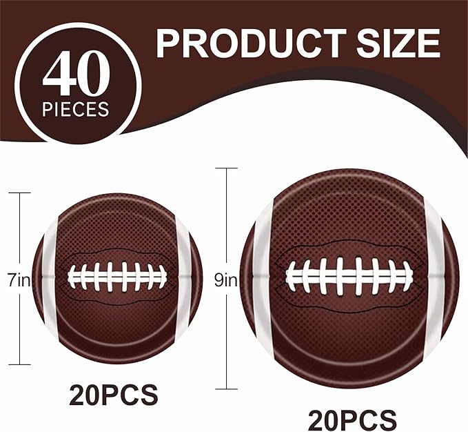 40pcs Football Party Paper Plates Set Disposable Sports Party Food Dinner Dessert Plate Birthday Tableware Decorations Favors, Including 20pcs 9" and 20pcs 7" Plates for Football Theme Plate