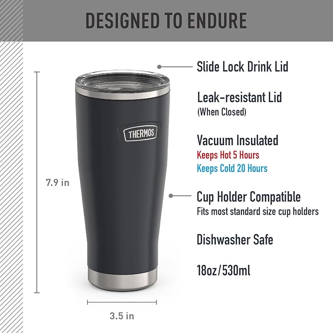 THERMOS ICON SERIES, Stainless Steel Tumbler with Slide Lock, 18 Ounce, Granite