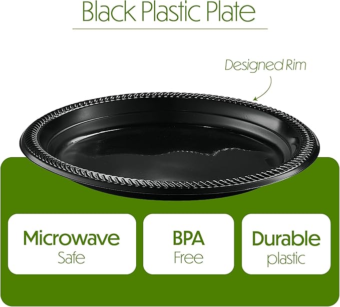 PLASTICPRO 200 PCS Black Plastic Plates Light Weight 10'' Inch Plastic Dinner Plates Black Plates Disposable for Party and Wedding