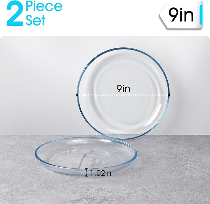 NUTRIUPS 2 Pack 9 inch Glass Plates - with Lipped Edge - Clear Tempered Glass Dinner Plates, Glass Serving Dinnerware for Pasta, Salad, Dishwasher and Microwave Safe