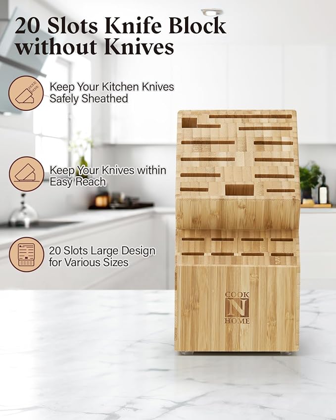 Cook N Home Bamboo Knife Storage Block without Knives, 20 Slots Universal Knife Holder Countertop Butcher Block Knife Stand for Easy Kitchen Storage