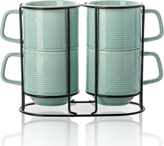 Stackable Coffee Mugs with Rack: 13 oz Stacking Ceramic Cups with Stand - Porcelain Stacked Tea Mug Set of 4 (Mint Green)