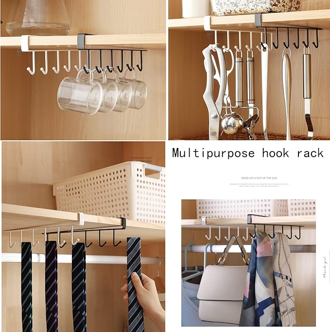 Under Cabinet Coffee Mug Holder - 6 Hooks Cups Storage Rack, Drilling Free, Kitchen Utensil Hanging Hooks Rack 2 Pack (White 2pcs)