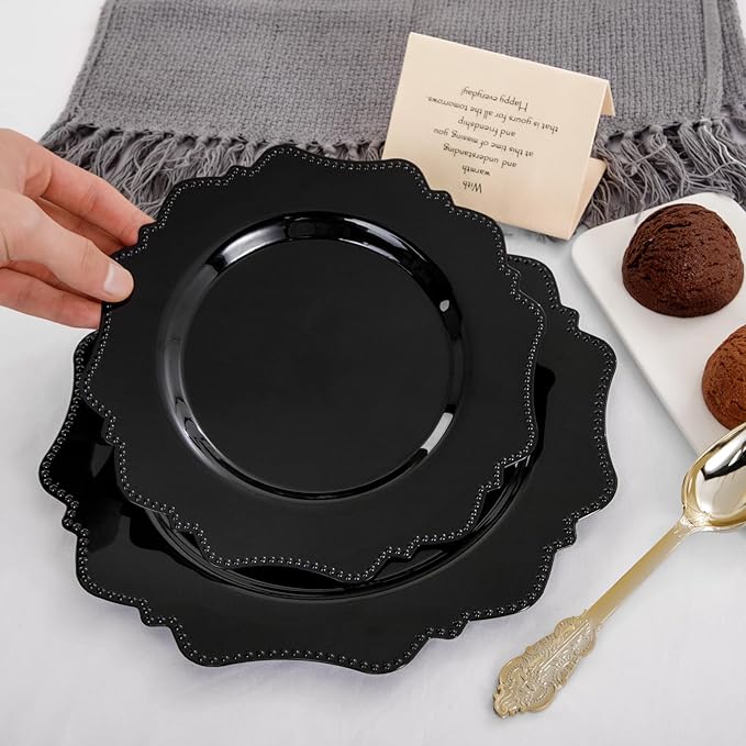 COLOSUS Black Plastic Plates Set,Heavy Duty Black Disposable Plates for 30 guests,Include 30PCS 10.5inch Dinner Plates and 30PCS 8.25 inch Dessert Plates for Party/Wedding/Birthday
