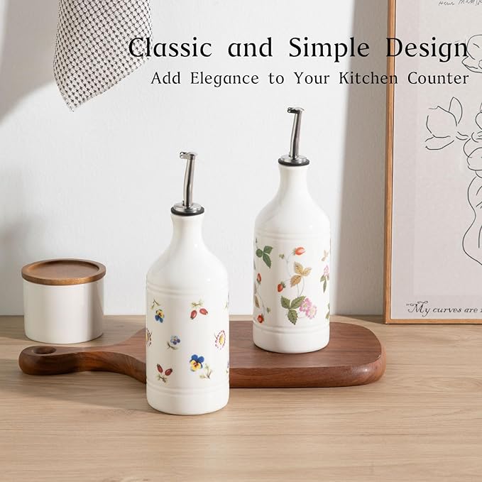 Sweejar Ceramic Olive Oil Dispenser Bottle for Kitchen, 15.5 Oz Relief Opaque Oil and Vinegar Dispenser Bottle with Spout, Suitable for Soy Sauce, Coffee Syrup, Liquids (Strawberry)