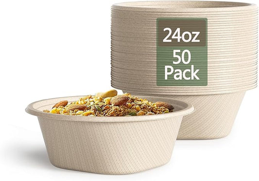 24 Oz Disposable Paper Bowls - Heavy Duty Disposable Bowls - Made from Natural Bagasse - Disposable Bowls for Hot Soup, Salad, Dessert, and More [50 Pack]