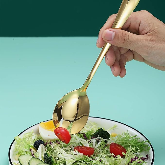Gold Salad Server Set, Berglander Stainless Steel Salad Serving Set With Titanium Gold Plating, Salad Servers, Salad Spoon, Salad Fork, Pack of 2 (Shiny Gold)
