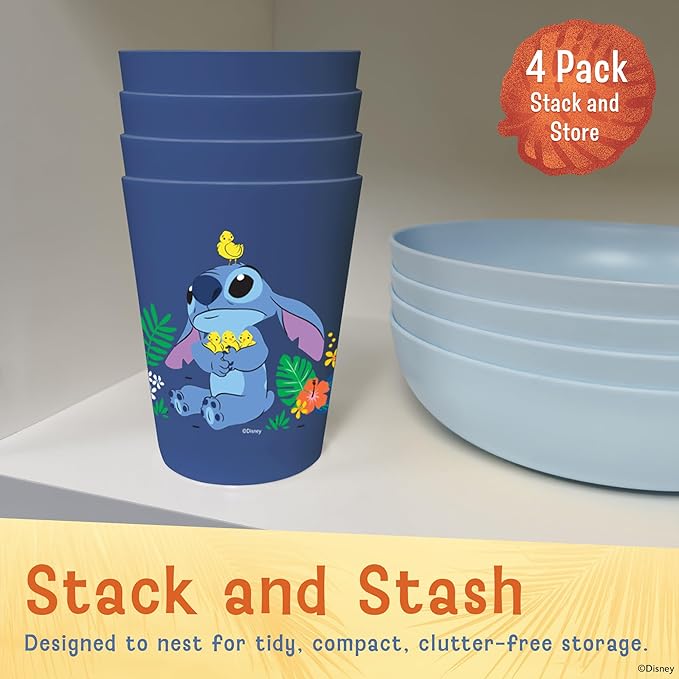 Disney Reusable Plastic Cups – 4 Pack 16 oz Plastic Drinking Glasses with Mickey, Stitch, Pooh, or Disney100 Designs – BPA-Free, Stackable, Top Rack Dishwasher Safe Tumblers for Water, Juice & More