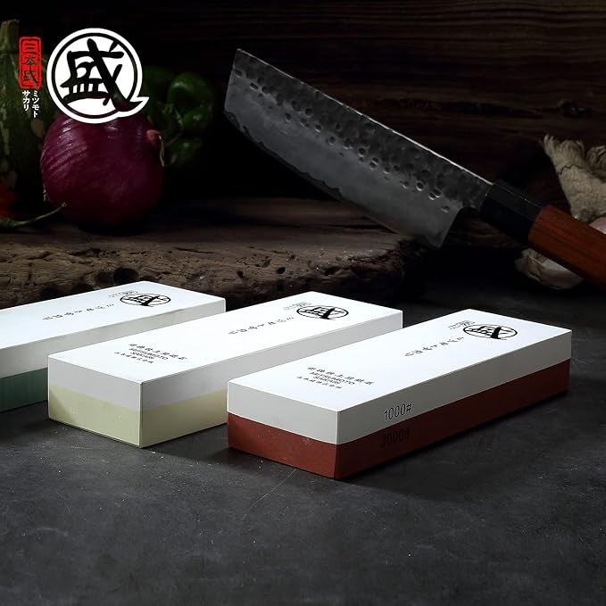 MITSUMOTO SAKARI Japanese Knife Sharpening Stone, Professional Double-Sided Whetstone 1000/3000 Grit, Kitchen Knife Sharpener Stones with Non-Slip Wooden Seat