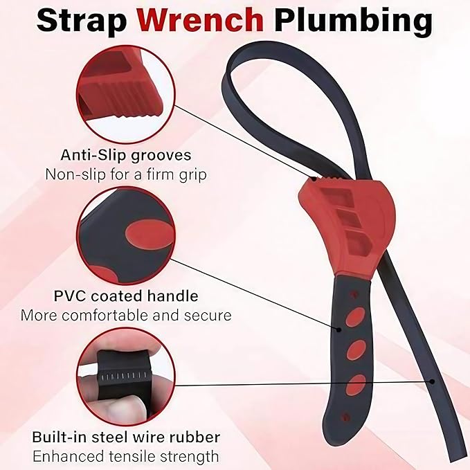 2-Pack Adjustable Rubber Strap Wrench Set – 25.20" & 20.48" Heavy-Duty Strap Wrench for Oil Filter, Jar Opener, Water Filter, Plumbing, Sink, Faucet – Non-Slip Multipurpose Wrench Tool (Red)