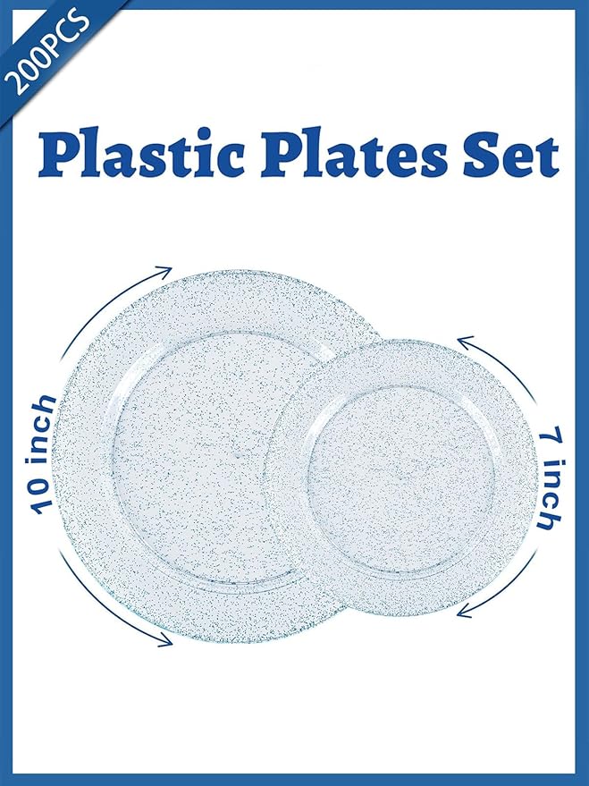 WDF 200PCS Blue Plastic Plates - Blue Glitter Plastic Plates - Heavy Duty Disposable Plates - Include 100 Dinner Plates 10" and 100 Dessert Plates 7" for Parties/Wedding/Graduation/Easter