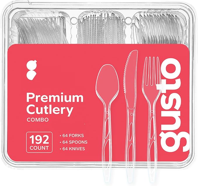 GUSTO [192 Combo Pack] Premium Heavyweight Disposable Clear Plastic Silverware - 64 Forks, 64 Spoons, 64 Knives, plastic utensils, Cutlery Set for Parties, Events, and Catering