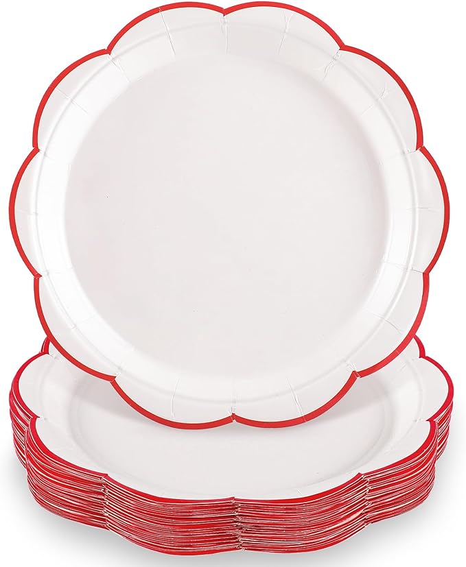 30 Pcs Red and White Paper Plates, 9 Inch White Plates with Red Trim Scalloped Paper Plate Disposable for Mother's Day, Baby Shower, Wedding, Bridal Shower, Birthday