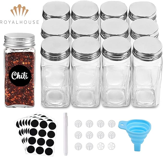 ROYALHOUSE 12 Pcs Glass Spice Jars/Bottles - 4oz Empty Square Spice Containers with Spice Labels and Airtight Metal Caps with Shaker Lids