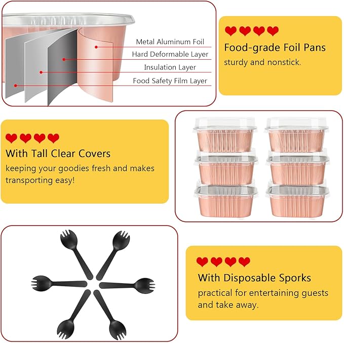 LNYZQUS 5oz Cupcake Mini Cake Pans with Lids 40 Pack, Aluminum Foil Cupcake Cups Brownie Baking Pans,Square Disposable Ramekins Baking Cups,Small Muffin Tin Holders-Champagne