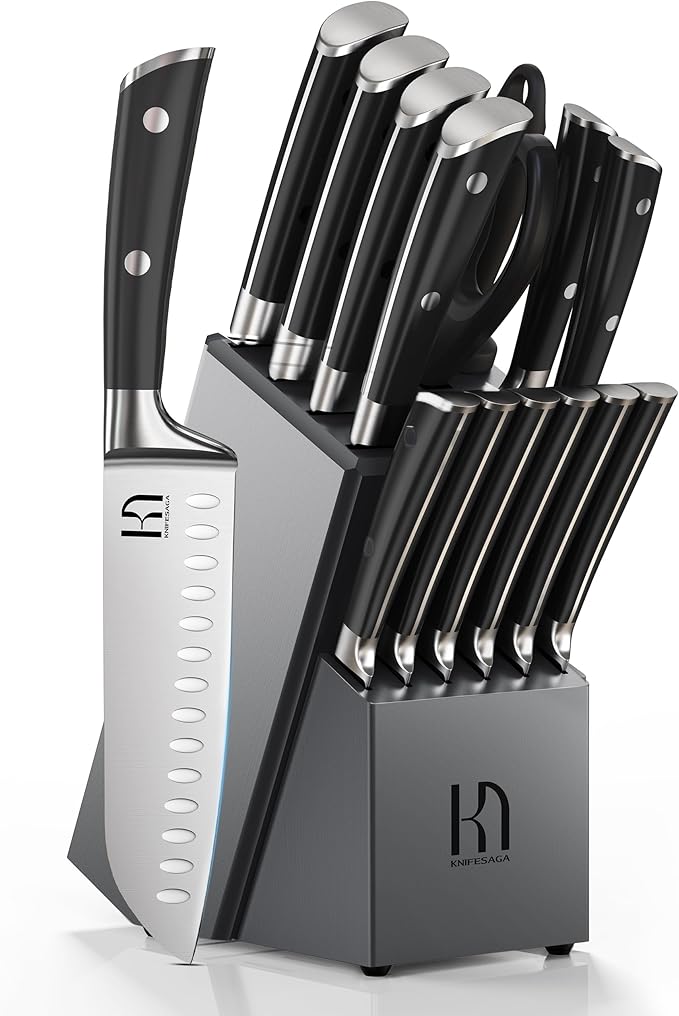 Knife Set Premium, 15 Pcs Kitchen Knife Set with Block Japanese High Carbon Stainless Steel Razor Sharp Knife Block Set, Block Knife Set with Sharpener and Ergonomic Full-tang Handle