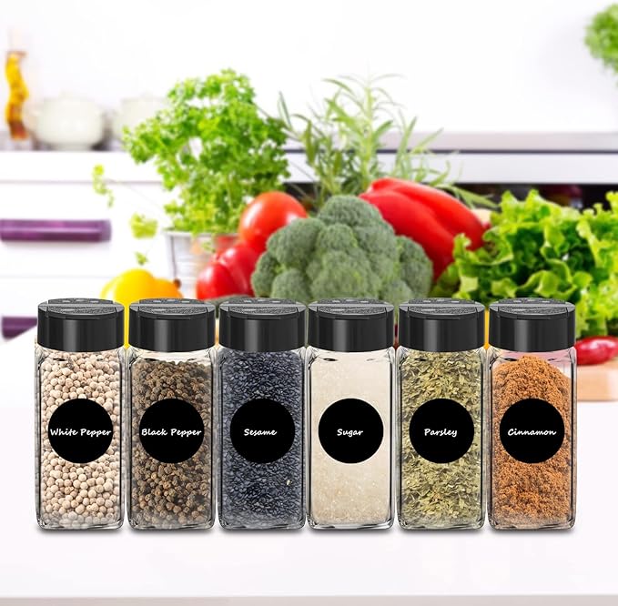 Saiveina 12 Pack Glass Spice Jars with Labels, 4oz Spices Containers Spice Jars with Black Shaker Lids, Empty Containers for Spice, Silicone Funnel and Pen Included