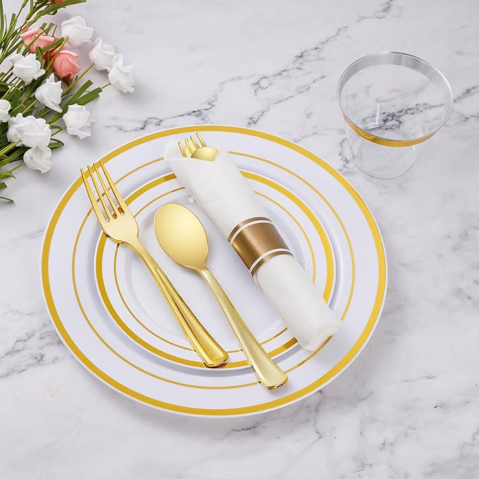 Goodluck 50 Pack Pre Rolled Gold Plastic Silverware, Wrapped Plastic Cutlery Set with Napkin Include 50 Forks, 50 Knives, 50 Spoons and 50 Napkins, Fancy Disposable Silverware for Party, Wedding