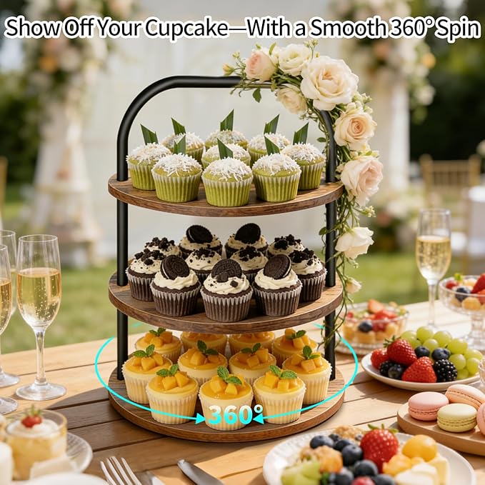 Cupcake Stand, 360° Rotating Wooden Cupcake Stand 3 Tier Large Dessert Table Display Set Cupcake Tower Tiered Tray Stand Serving Tray for Party Supplies Vendor Display Farmhouse Decor (2 Pack)
